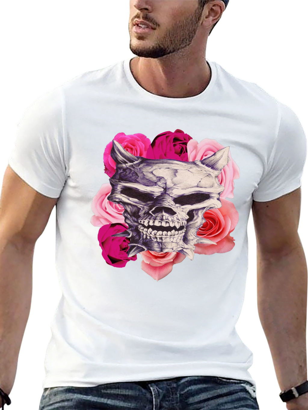 Skull and Roses Graphic Print Black T-Shirt