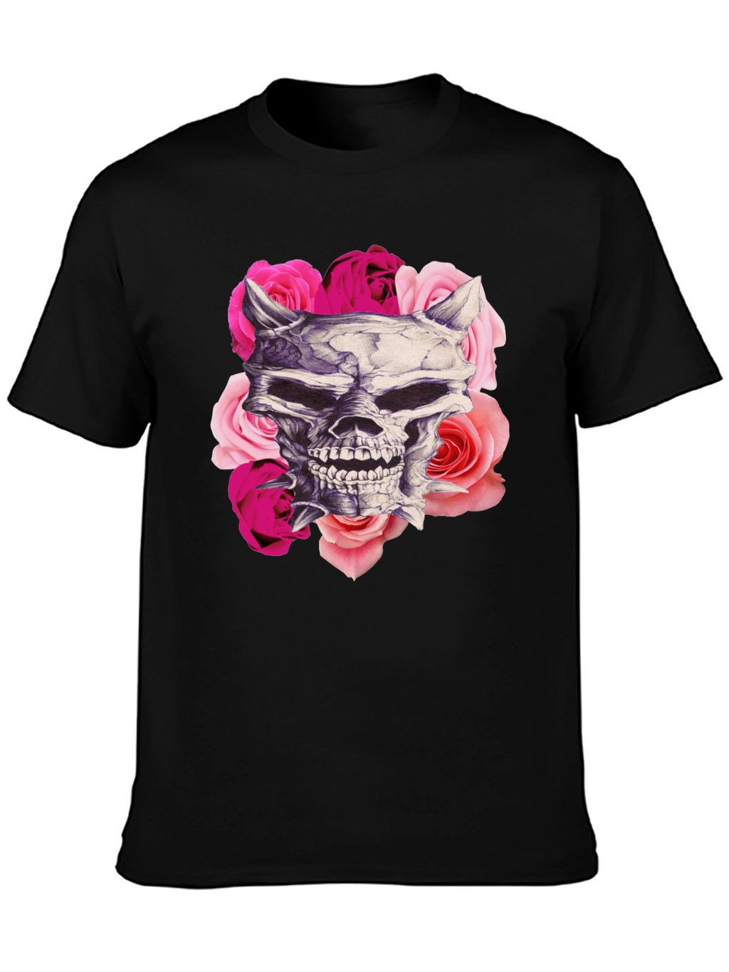 Skull and Roses Graphic Print Black T-Shirt