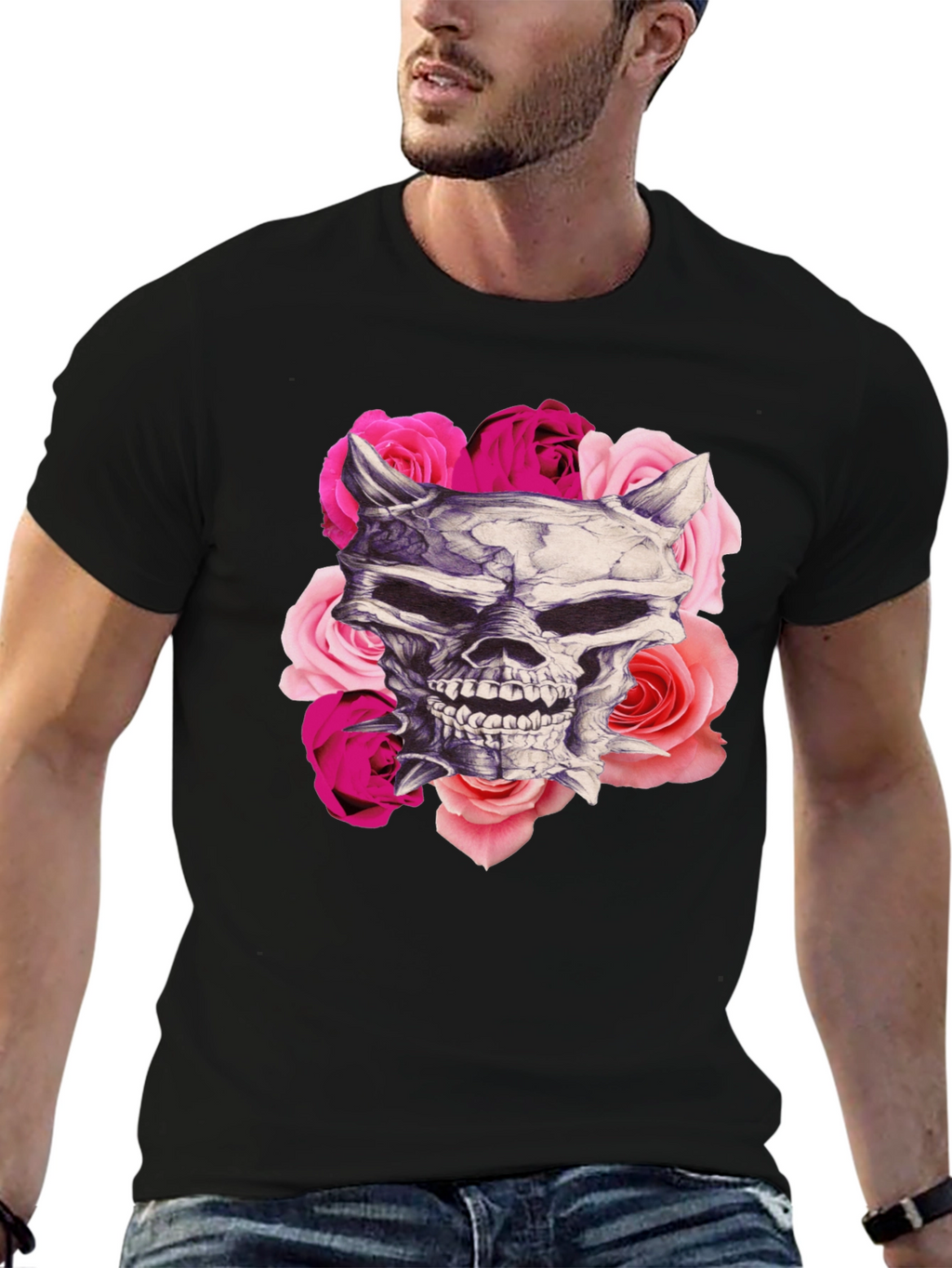 Skull and Roses Graphic Print Black T-Shirt
