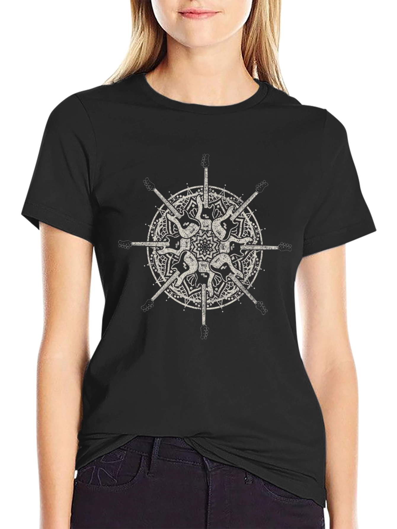 Guitar Mandala Graphic Tee - Stylish Black T-Shirt