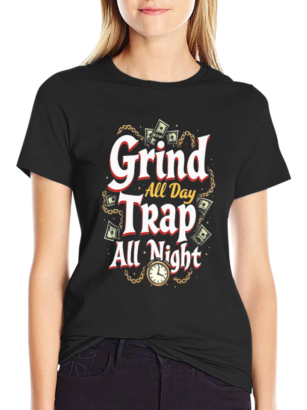 Grind All Day Trap All Night Black Graphic T-Shirt