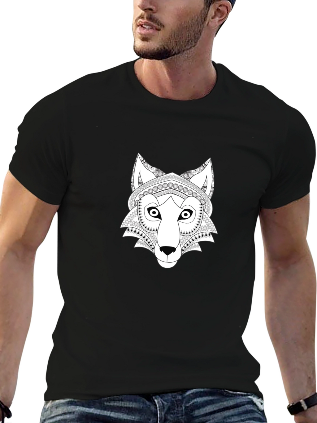 Wolf Mandala Graphic Tee - Black Cotton T-Shirt