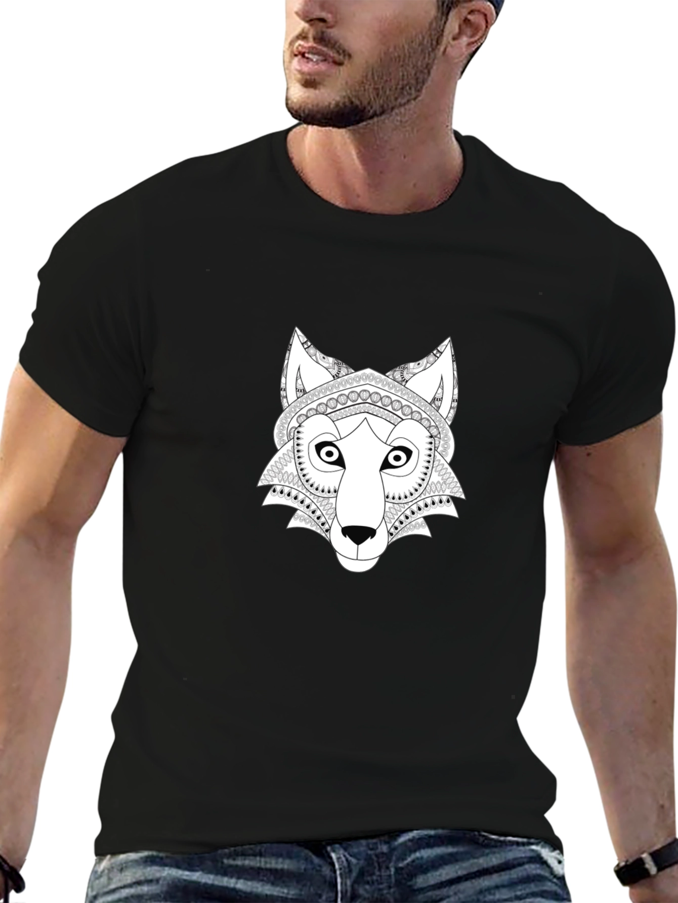 Wolf Mandala Graphic Tee - Black Cotton T-Shirt