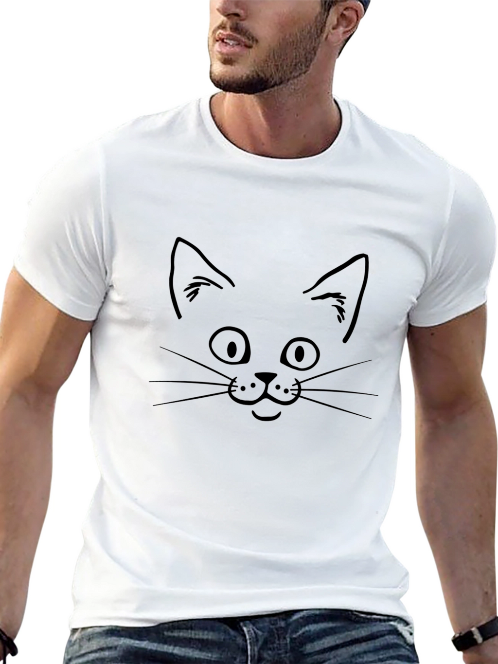 Cat Face Graphic Tee - Black Cotton T-Shirt