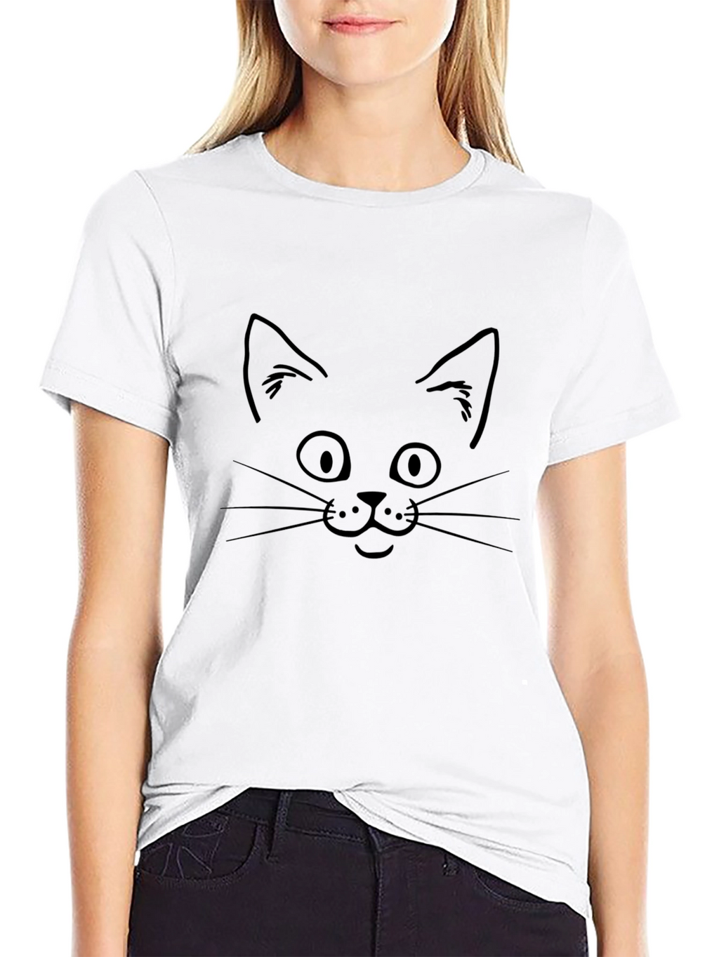 Cat Face Graphic Tee - Black Cotton T-Shirt