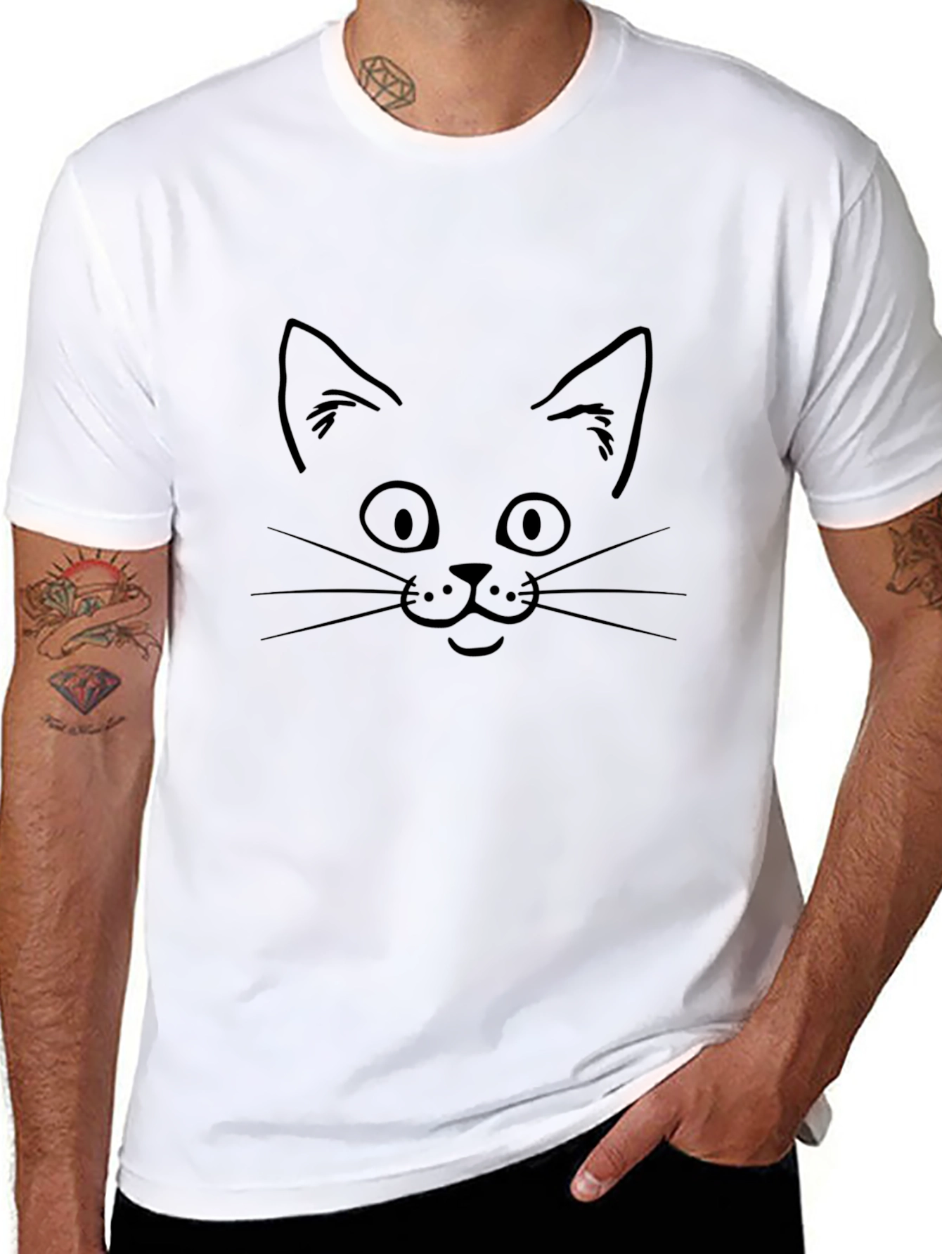 Cat Face Graphic Tee - Black Cotton T-Shirt