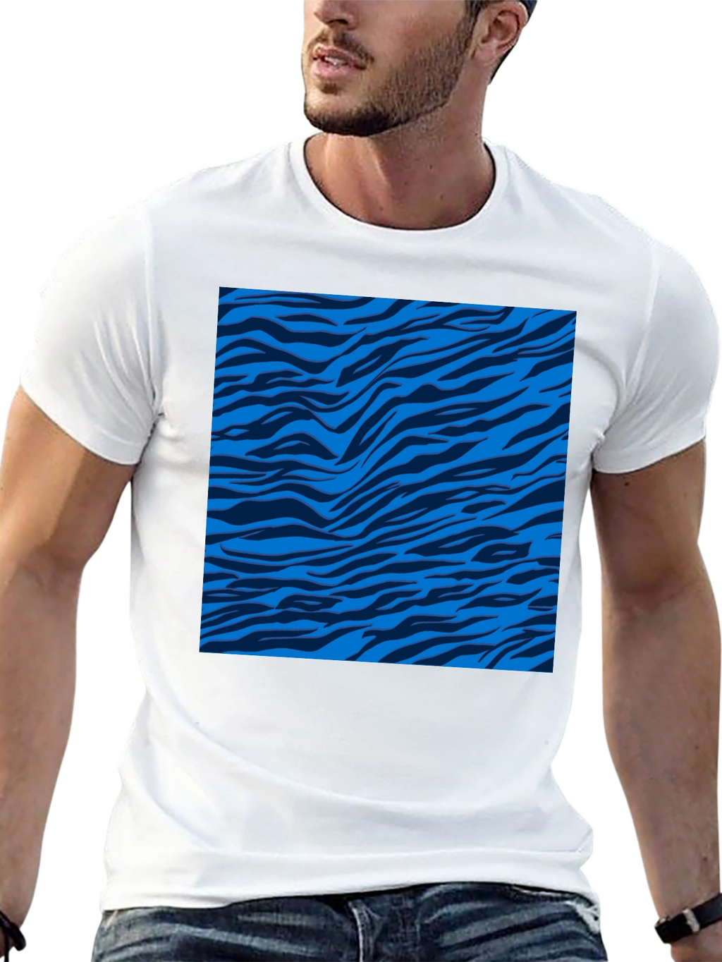 Blue Zebra Stripe Print Crew Neck T-Shirt