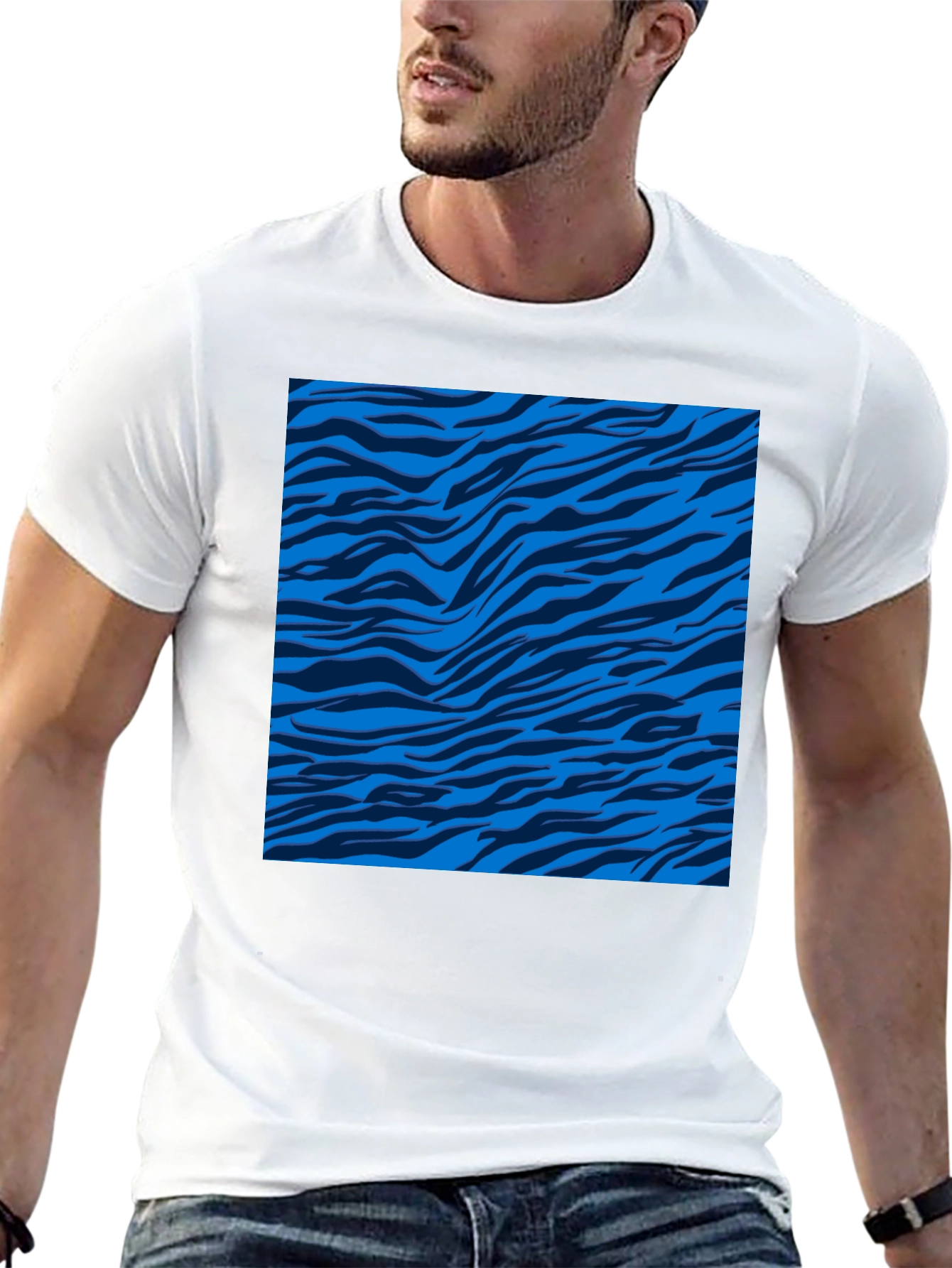 Blue Zebra Stripe Print Crew Neck T-Shirt