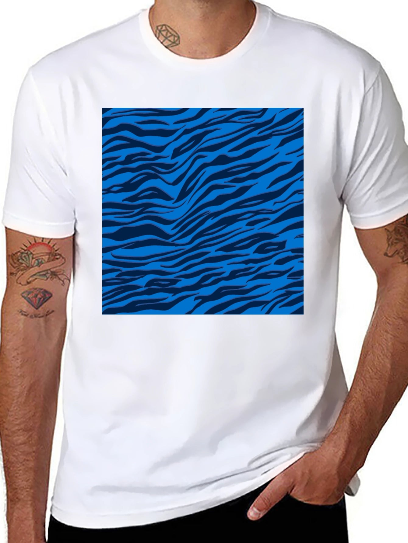 Blue Zebra Stripe Print Crew Neck T-Shirt