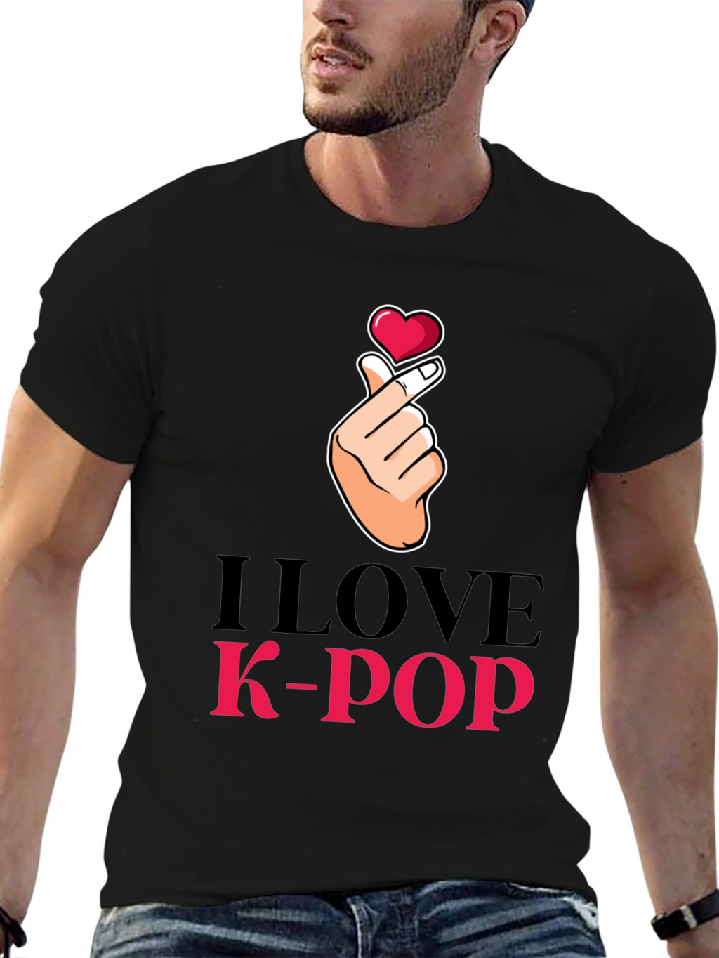 I Love K-Pop Heart Hand Sign Black T-Shirt