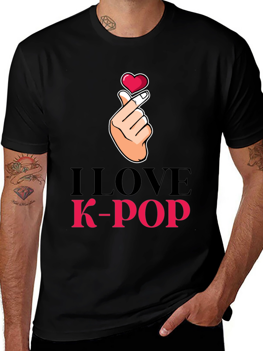 I Love K-Pop Heart Hand Sign Black T-Shirt