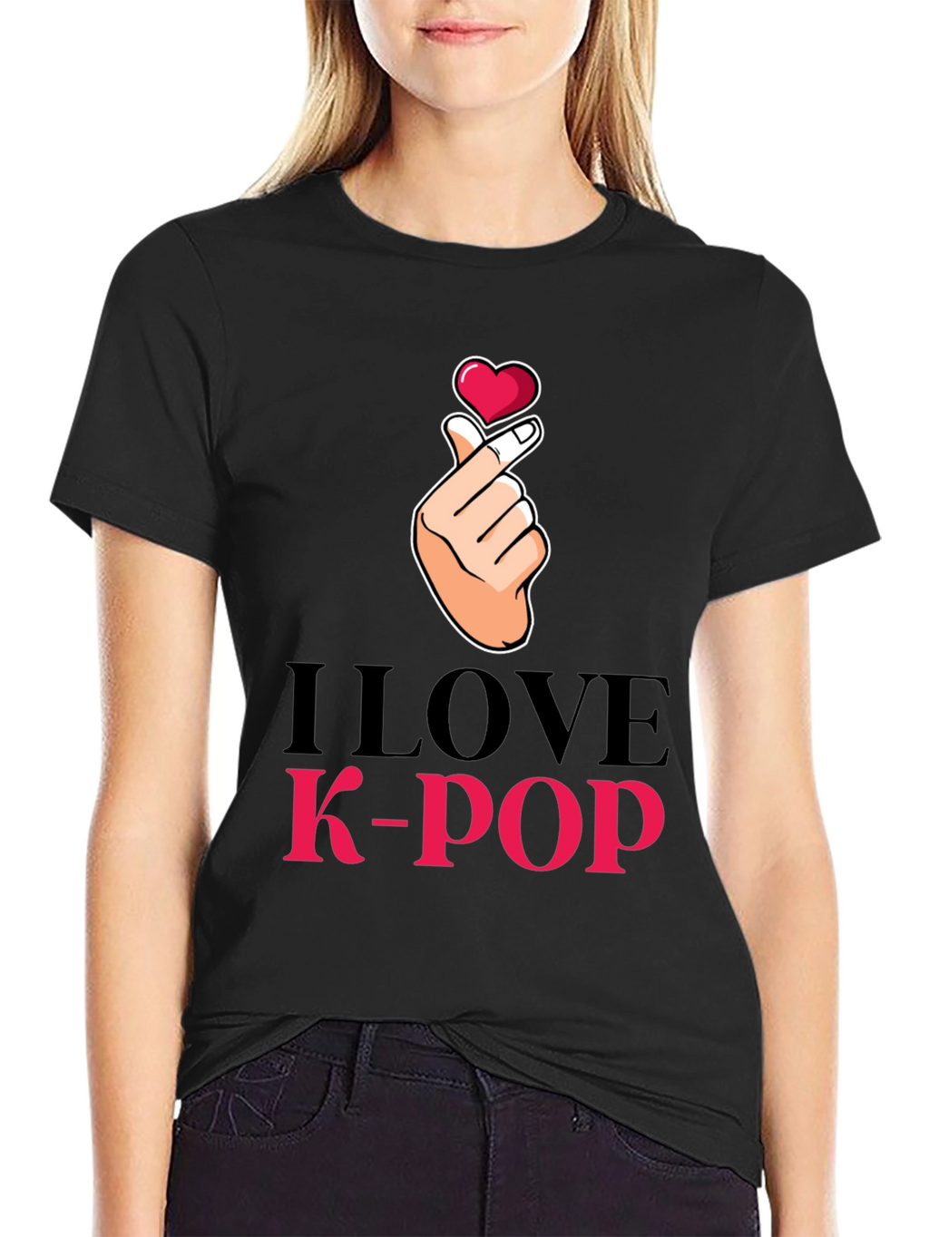 I Love K-Pop Heart Hand Sign Black T-Shirt