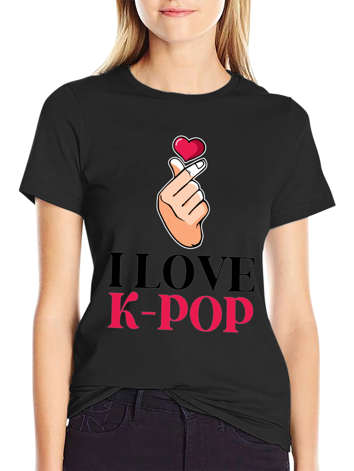 I Love K-Pop Heart Hand Sign Black T-Shirt