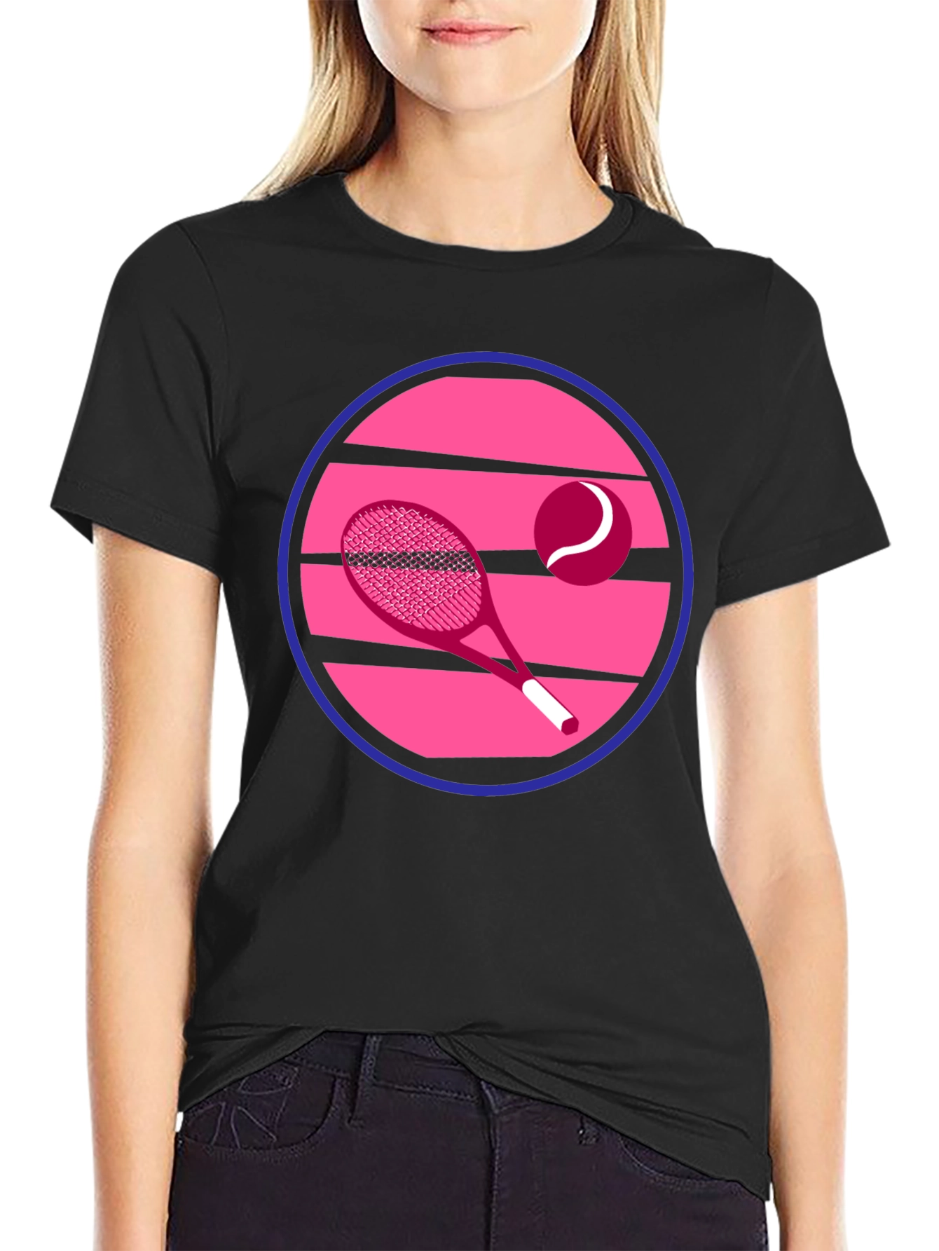 Retro Tennis Graphic T-Shirt - Pink & Blue Design