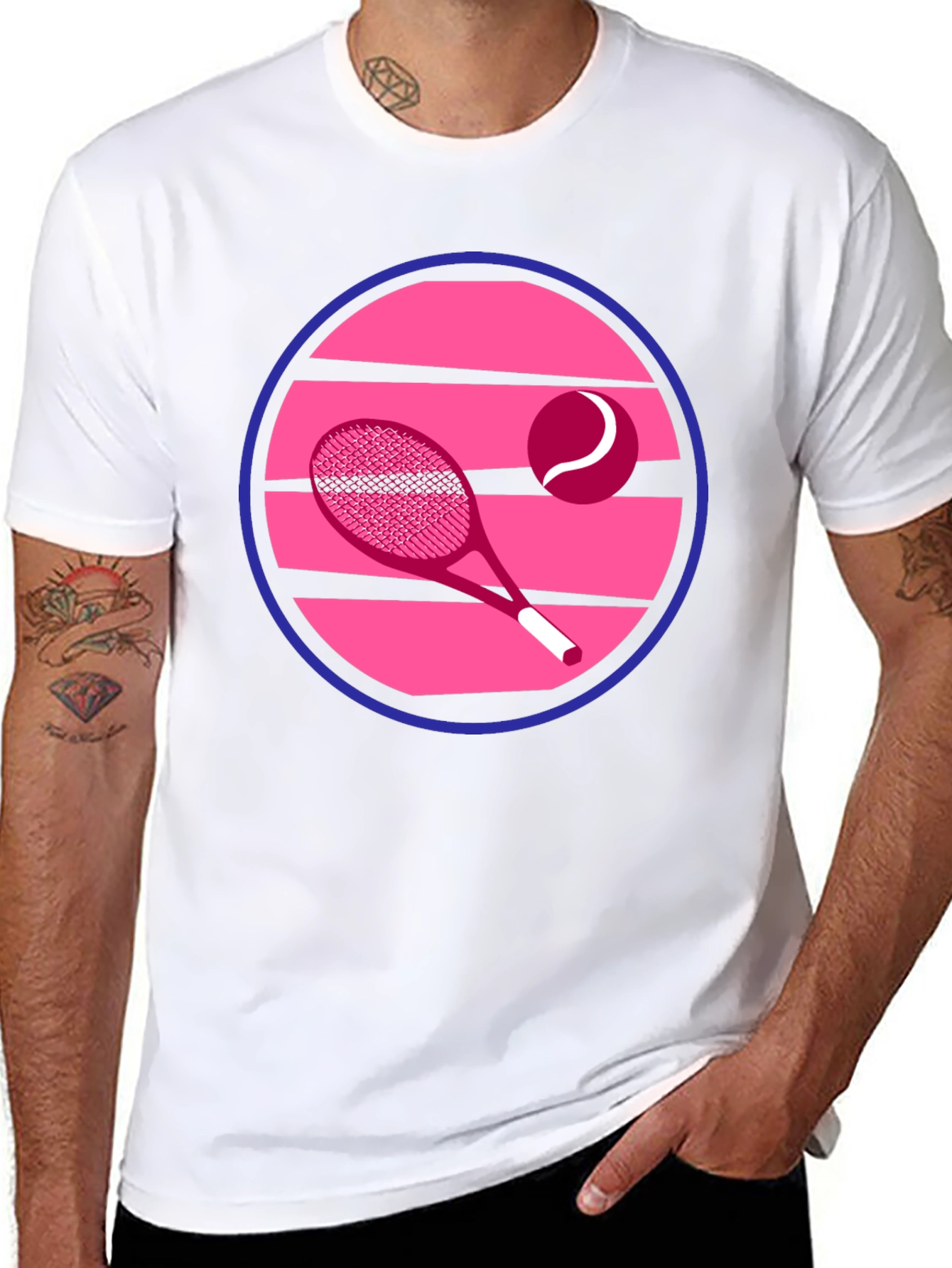 Retro Tennis Graphic T-Shirt - Pink & Blue Design