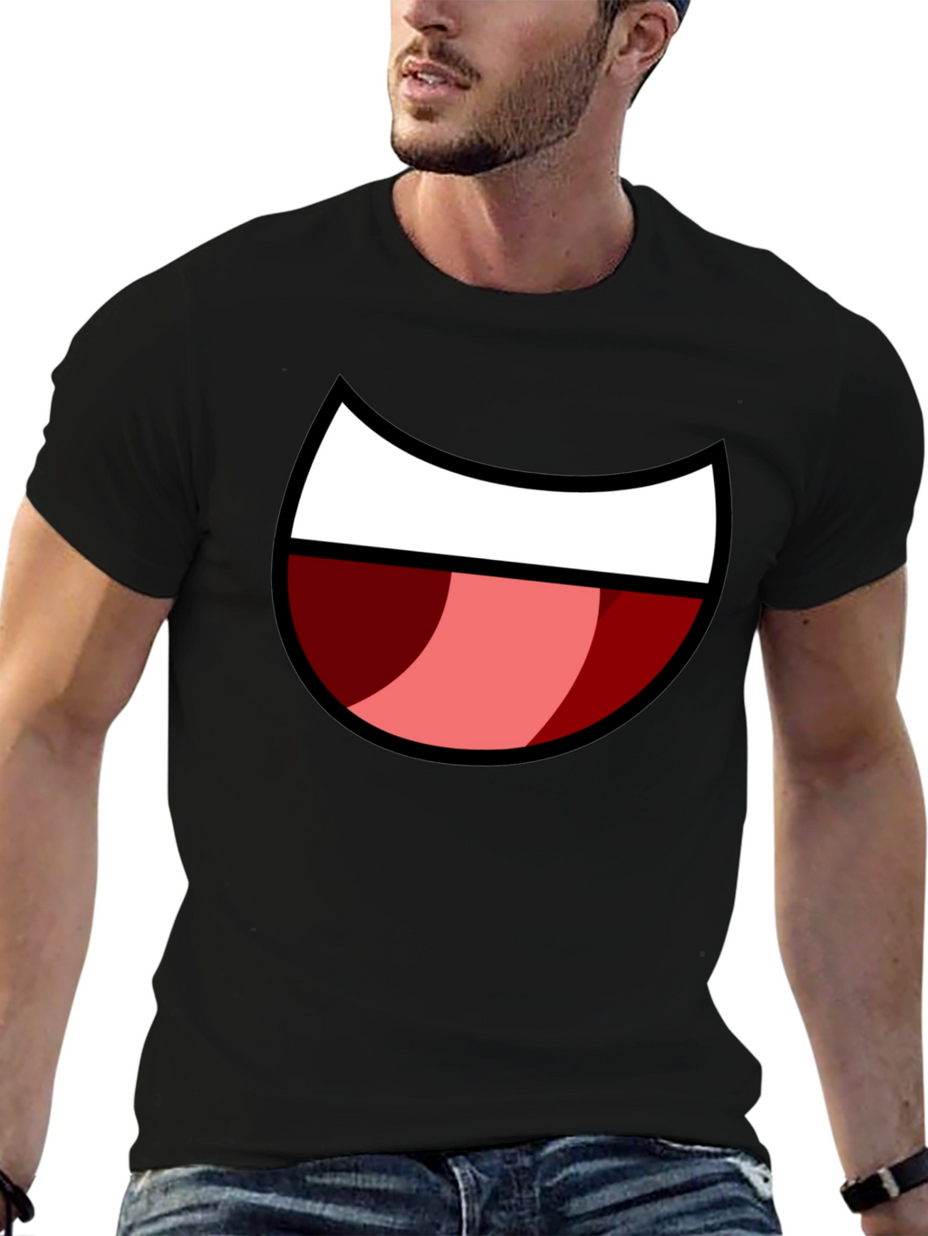 Cartoon Mouth Graphic Tee - Black Cotton Blend