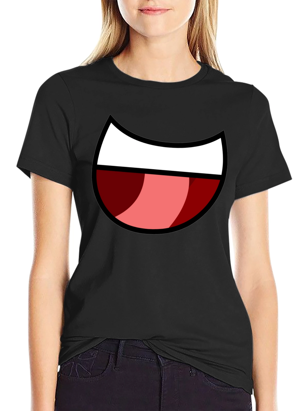 Cartoon Mouth Graphic Tee - Black Cotton Blend