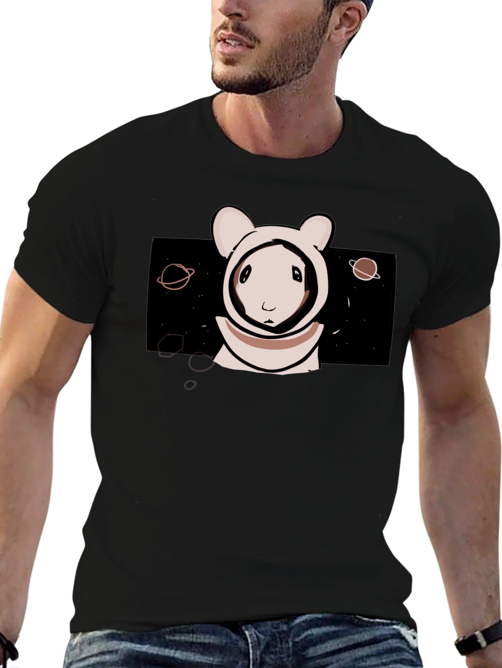 Astronaut Bunny Graphic Tee - Black Cotton T-Shirt