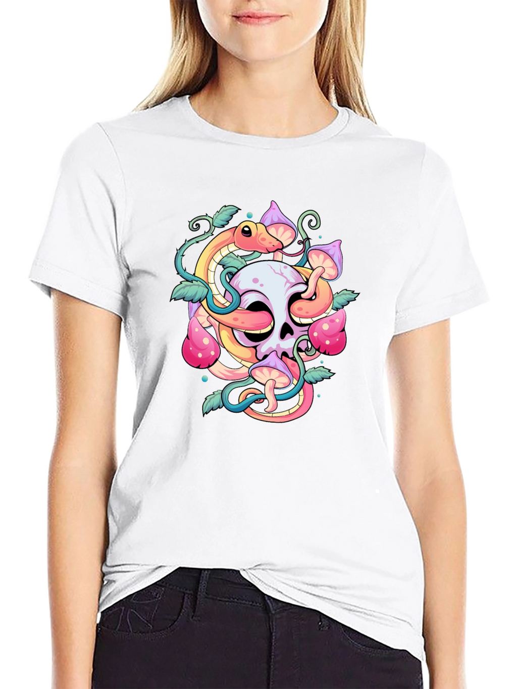 Skull Snake Mushroom Graphic Tee - Black