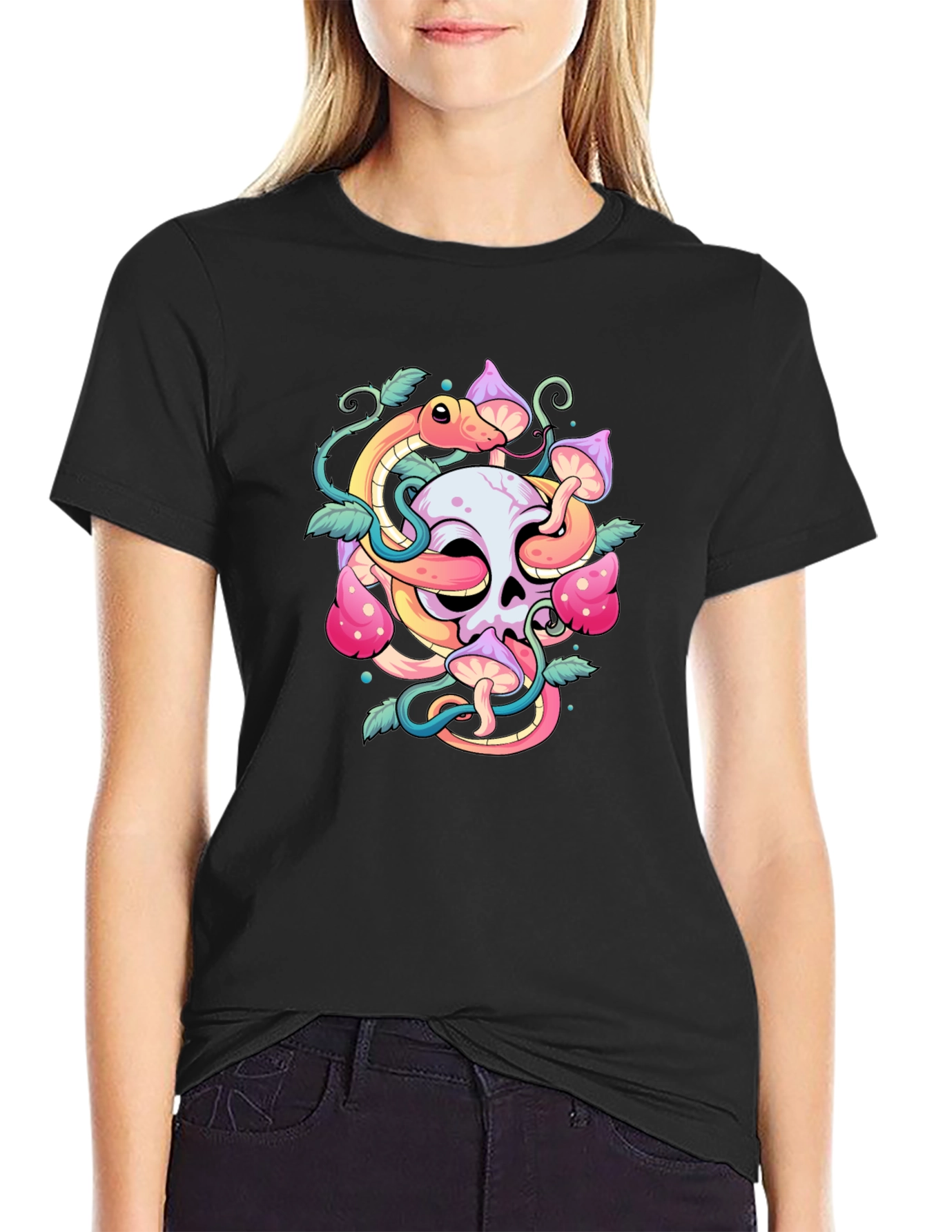 Skull Snake Mushroom Graphic Tee - Black