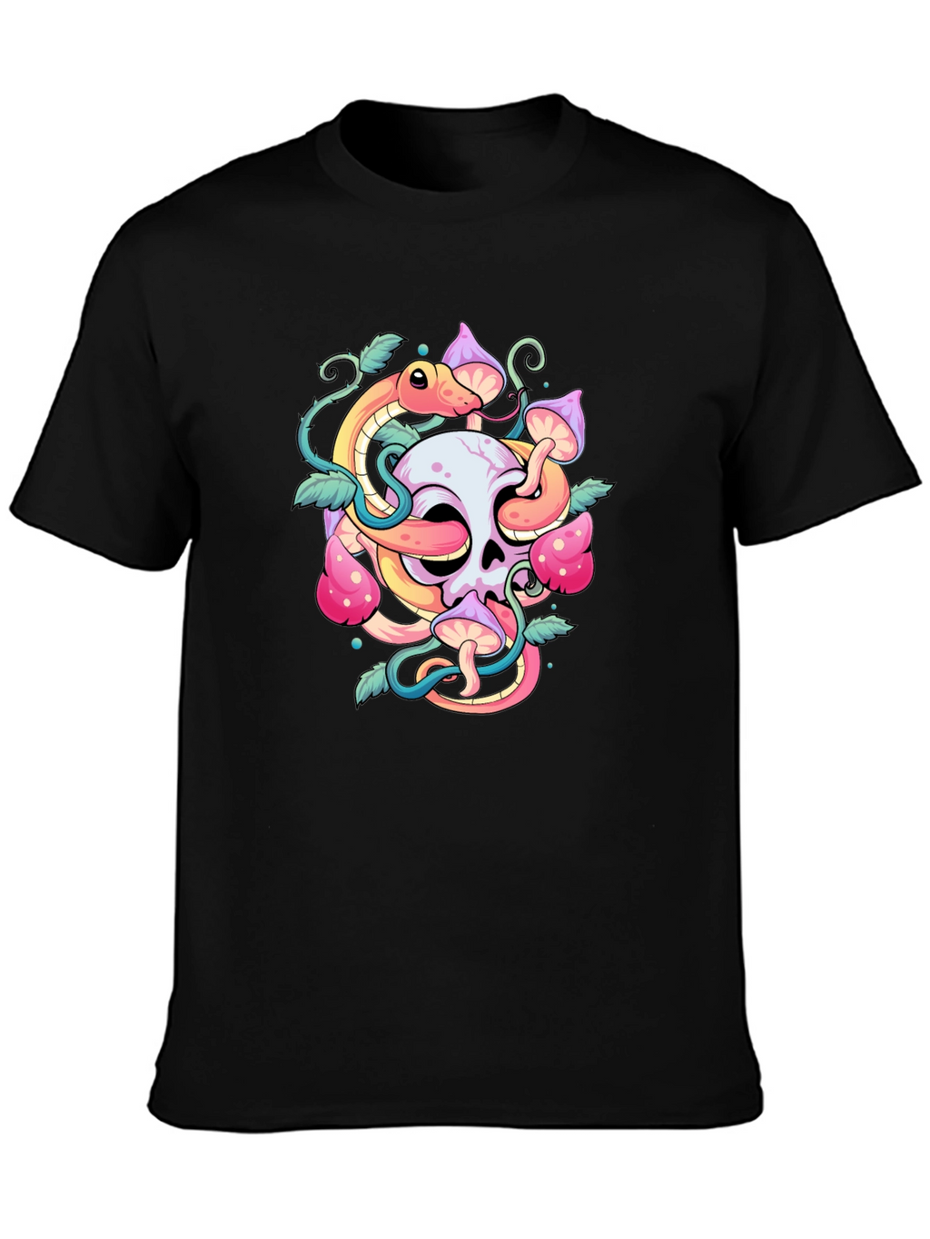 Skull Snake Mushroom Graphic Tee - Black