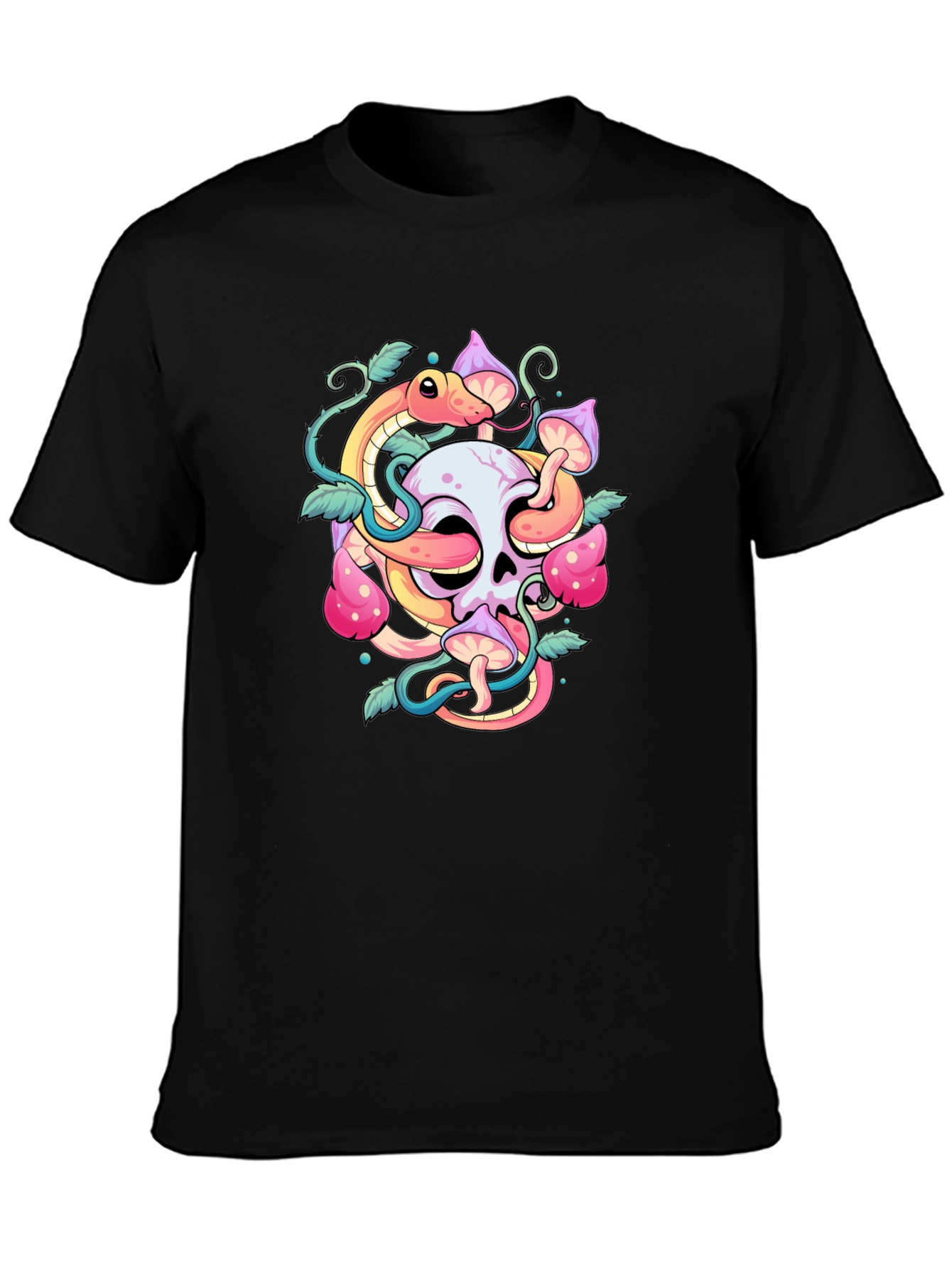 Skull Snake Mushroom Graphic Tee - Black