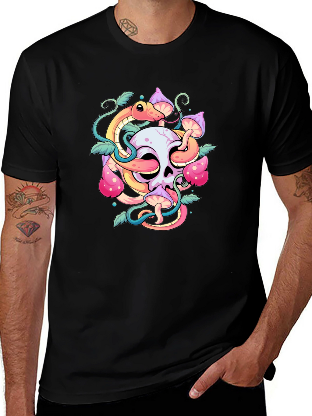 Skull Snake Mushroom Graphic Tee - Black