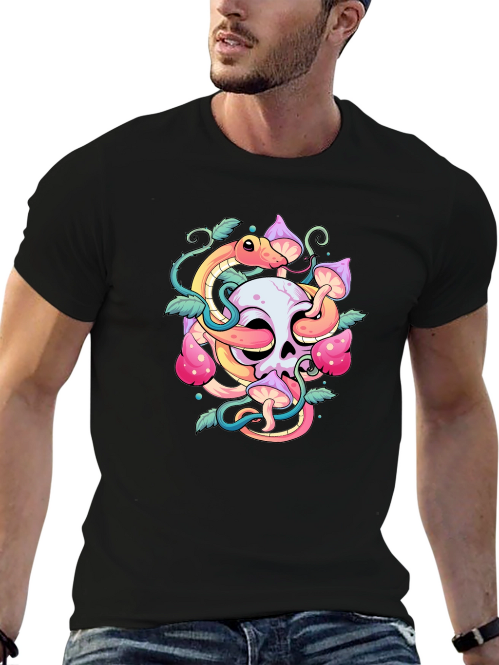 Skull Snake Mushroom Graphic Tee - Black