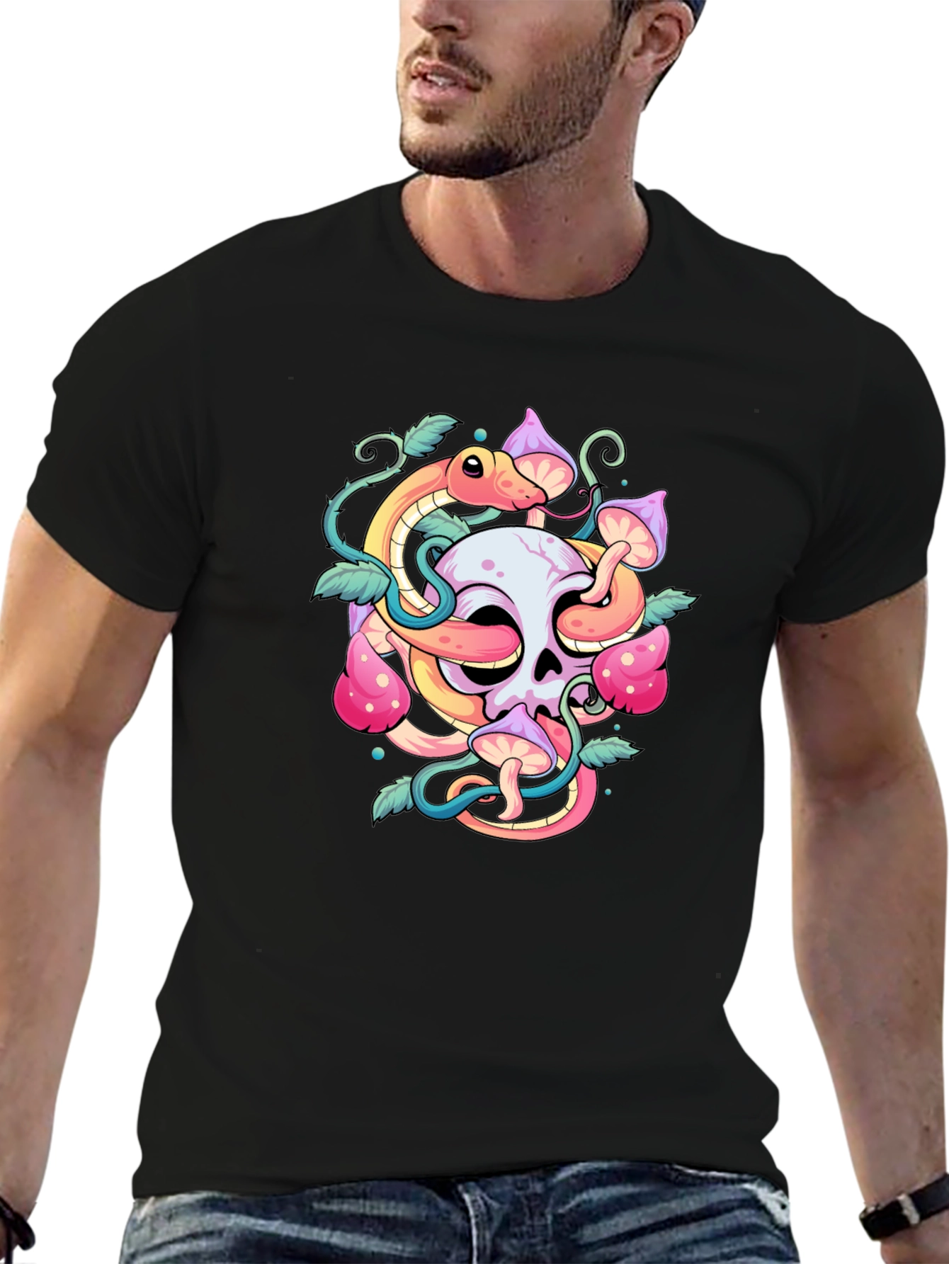 Skull Snake Mushroom Graphic Tee - Black