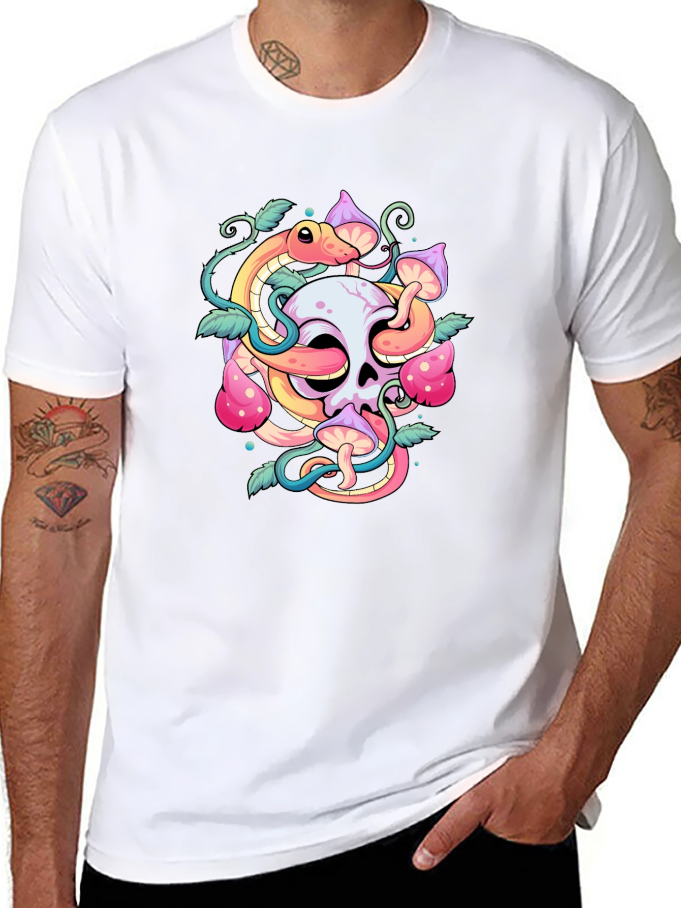 Skull Snake Mushroom Graphic Tee - Black