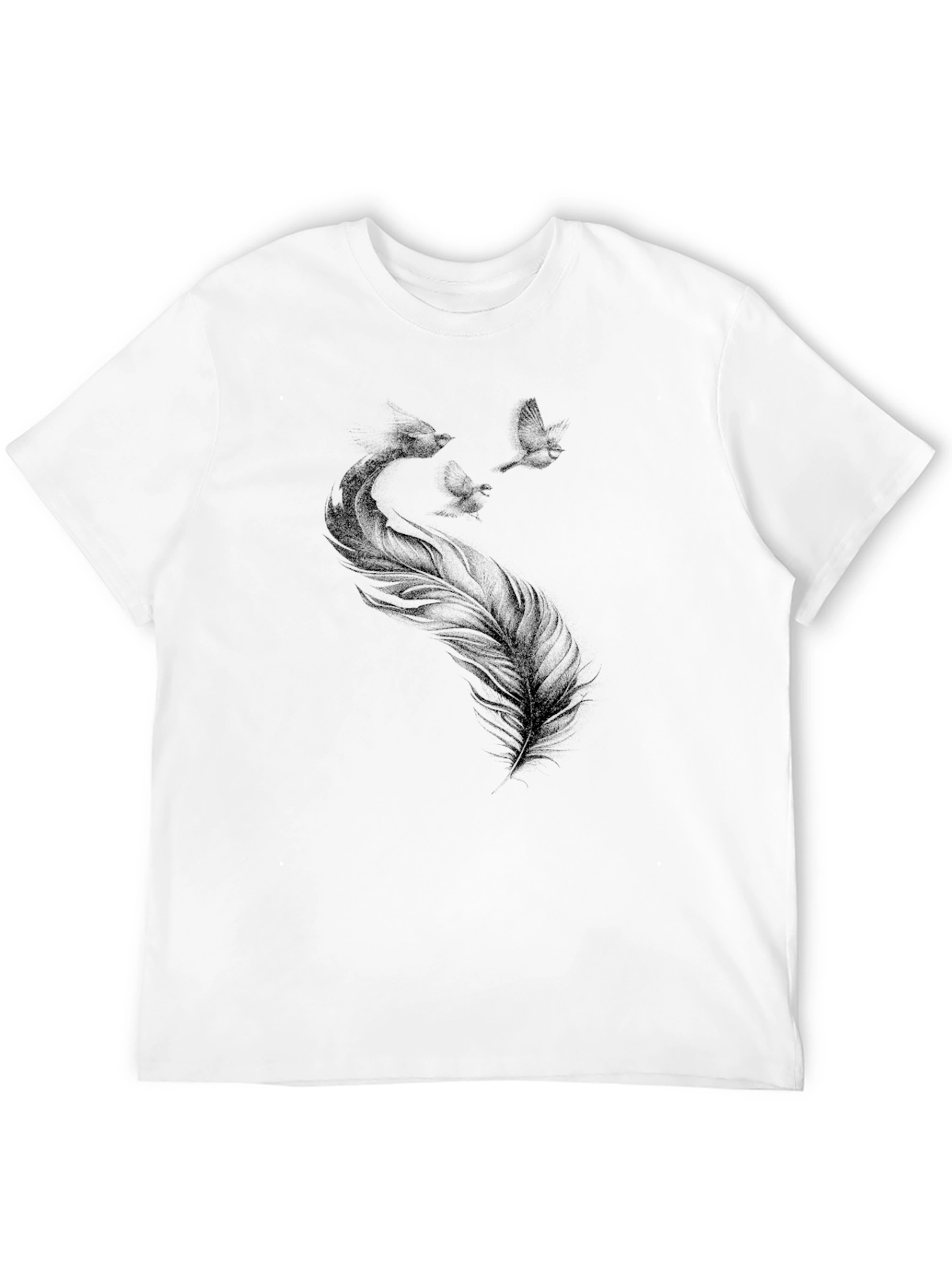 Black T-Shirt with Feather and Birds Graphic Print