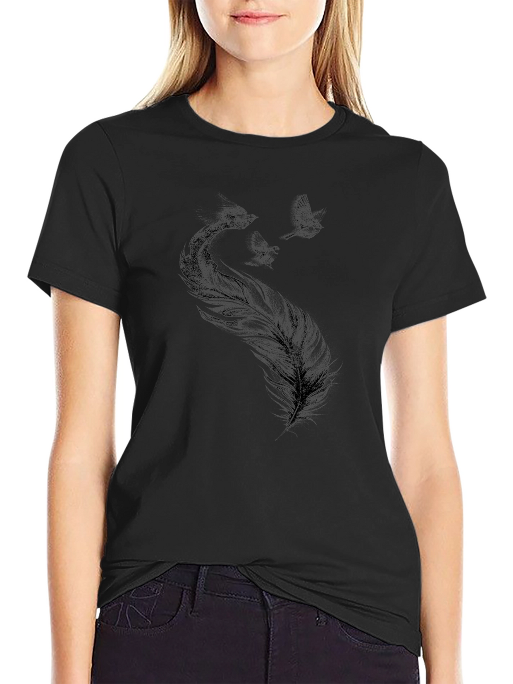 Black T-Shirt with Feather and Birds Graphic Print