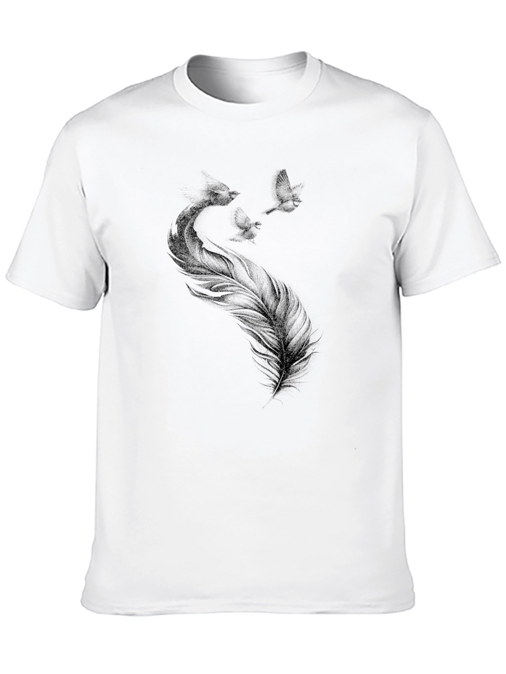 Black T-Shirt with Feather and Birds Graphic Print