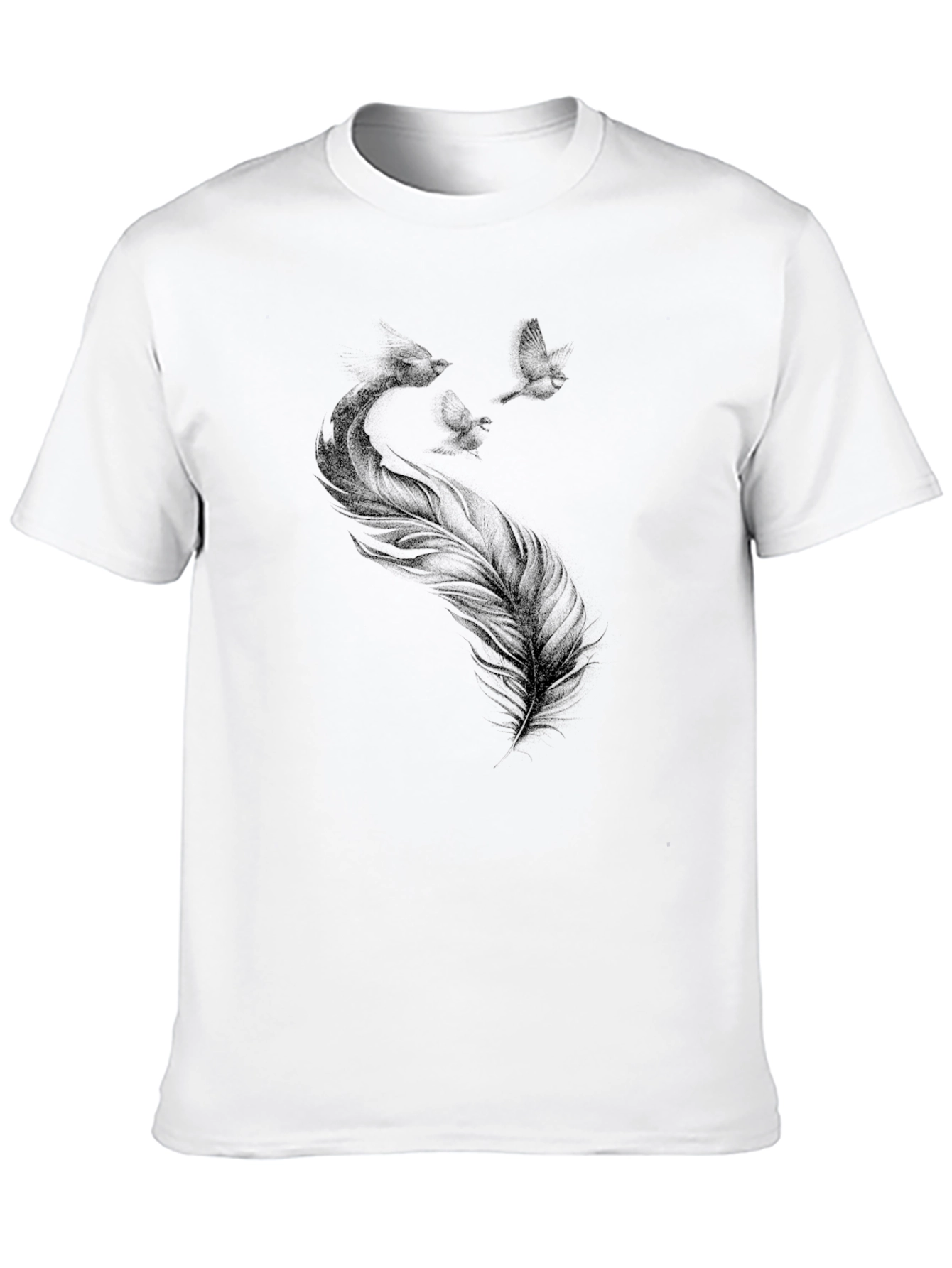 Black T-Shirt with Feather and Birds Graphic Print