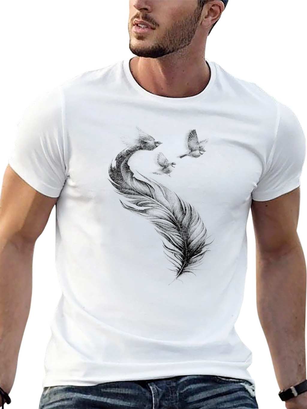 Black T-Shirt with Feather and Birds Graphic Print