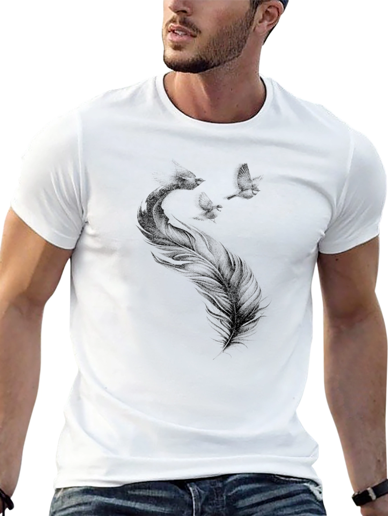 Black T-Shirt with Feather and Birds Graphic Print