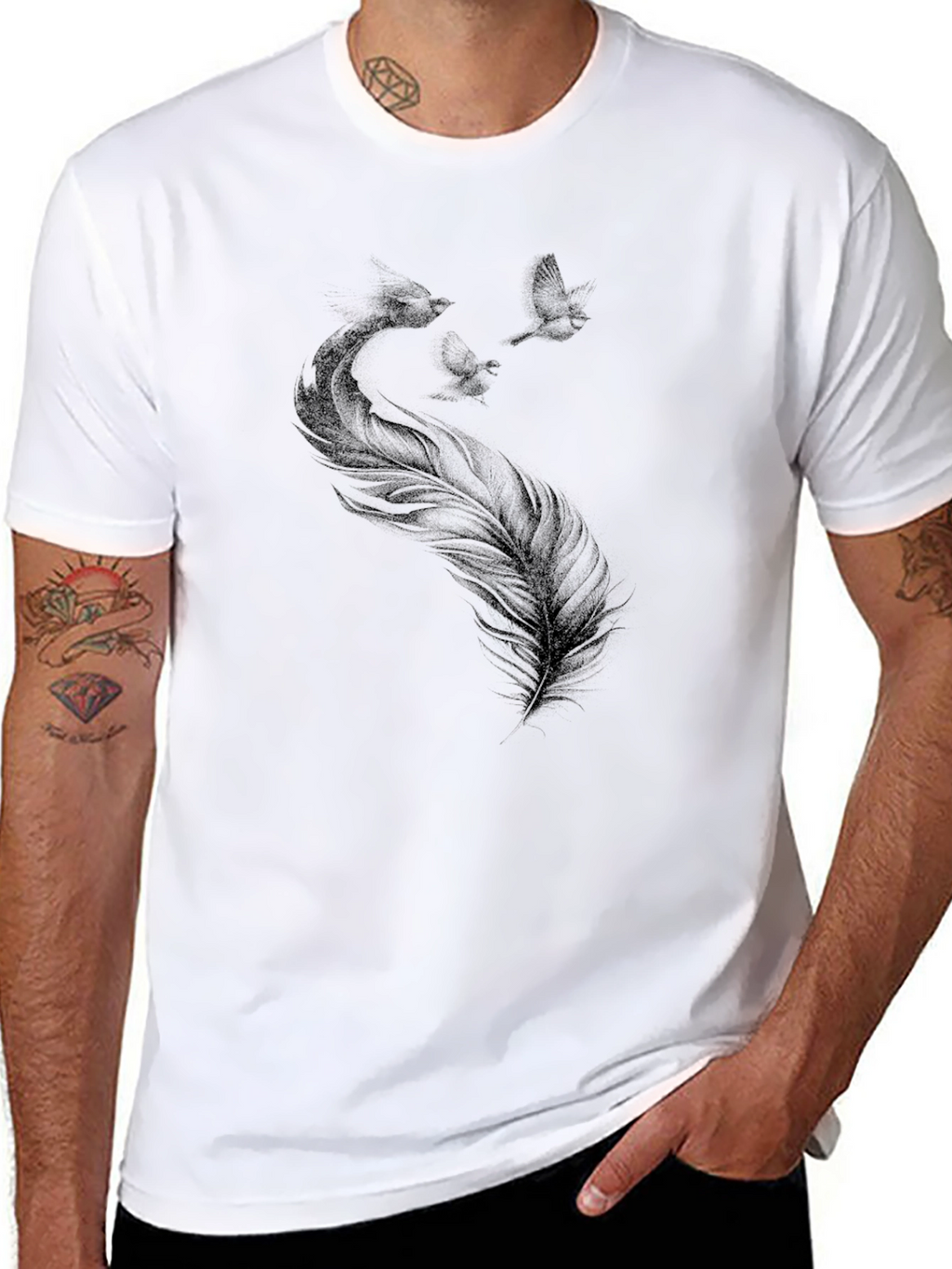 Black T-Shirt with Feather and Birds Graphic Print