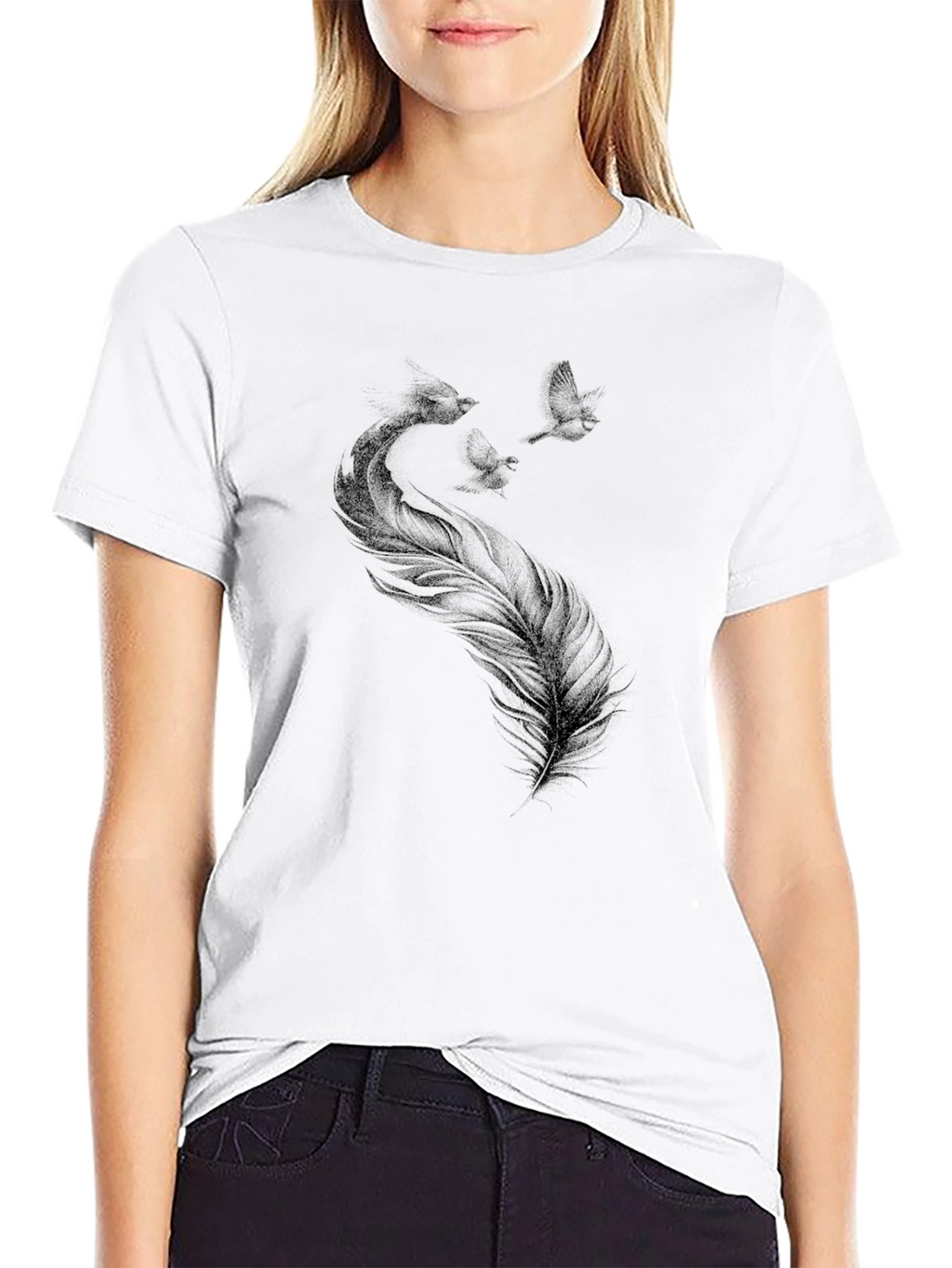 Black T-Shirt with Feather and Birds Graphic Print