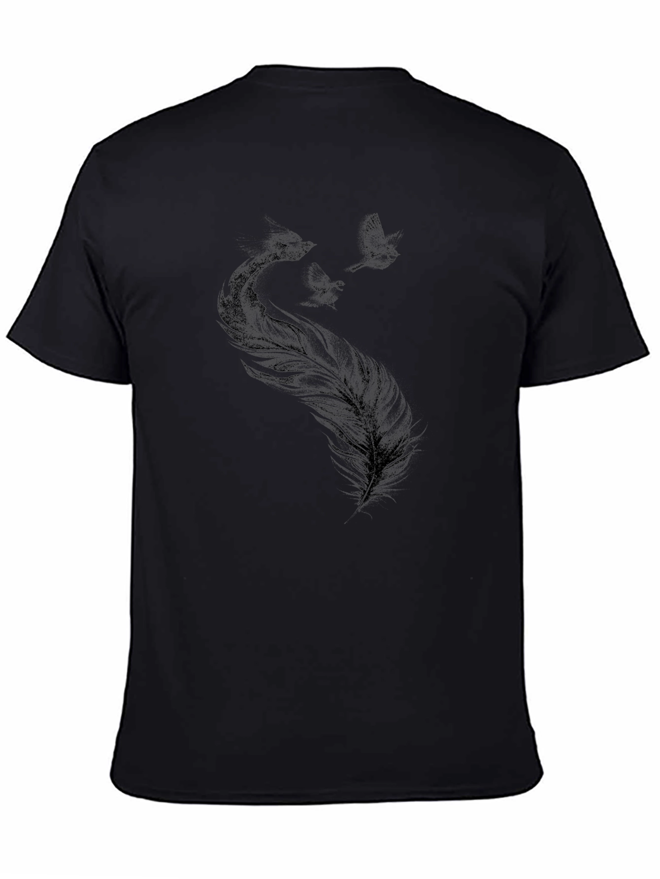 Black T-Shirt with Feather and Birds Graphic Print