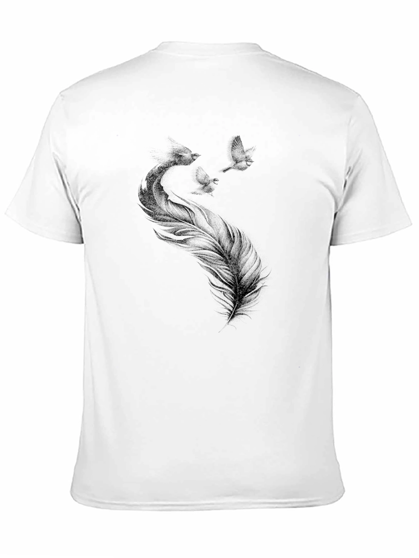 Black T-Shirt with Feather and Birds Graphic Print