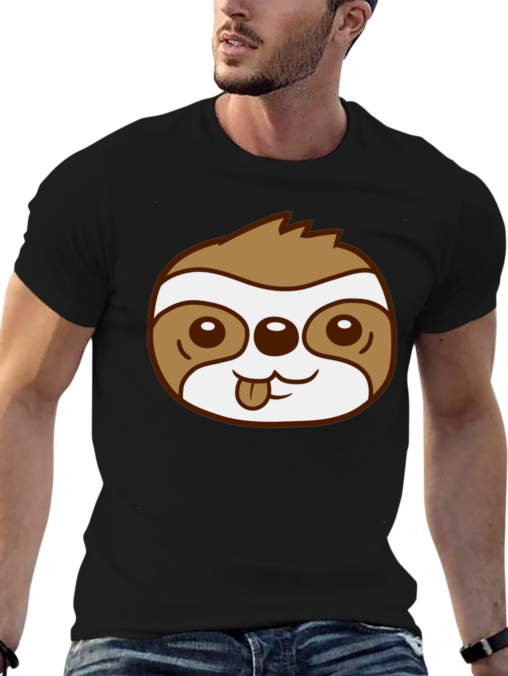Cute Sloth Face Graphic Black T-Shirt