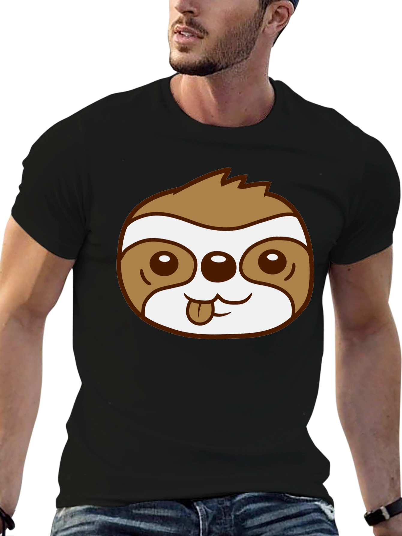 Cute Sloth Face Graphic Black T-Shirt