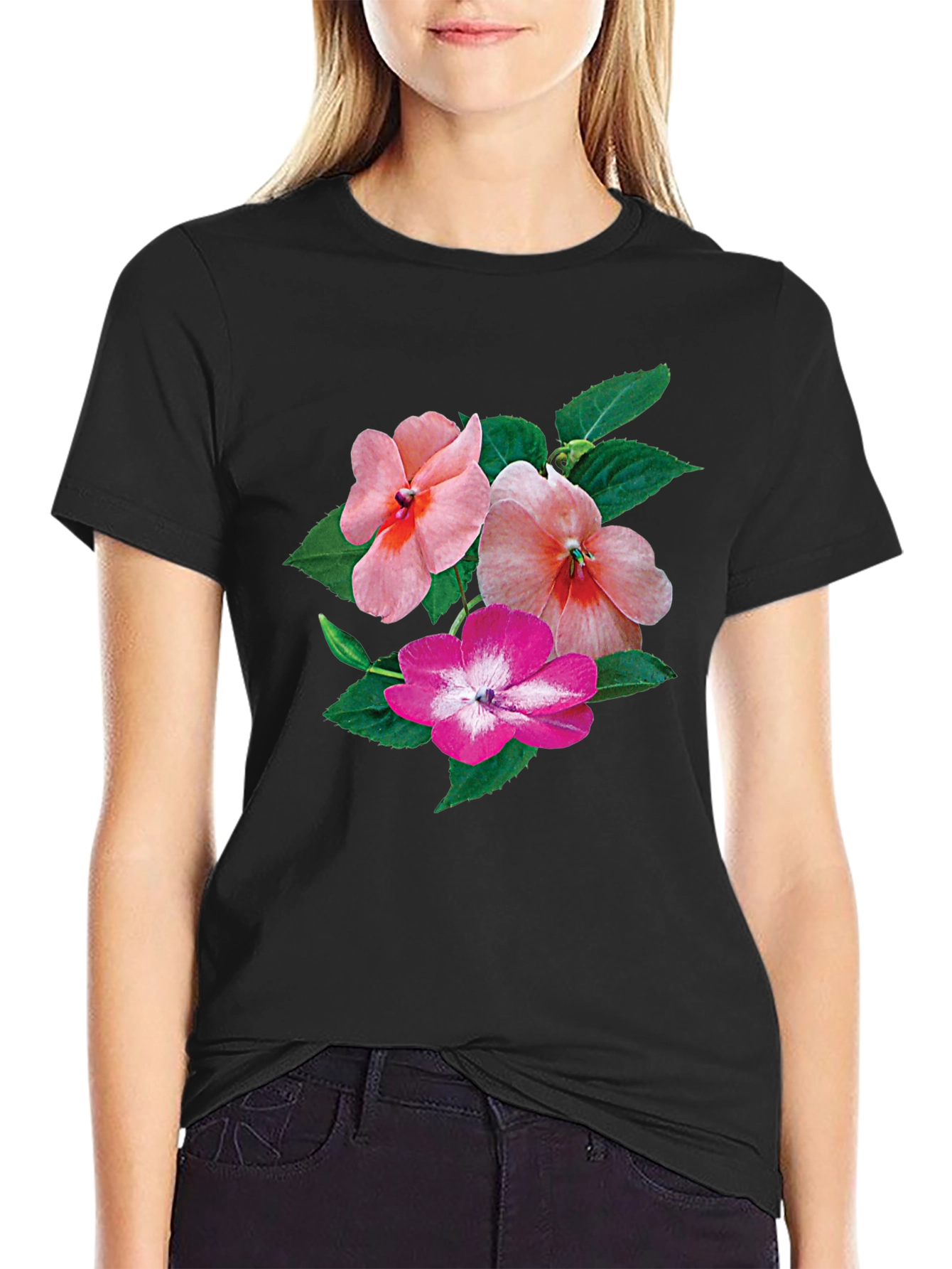 Floral Impatiens Graphic Tee - Black Cotton Blend