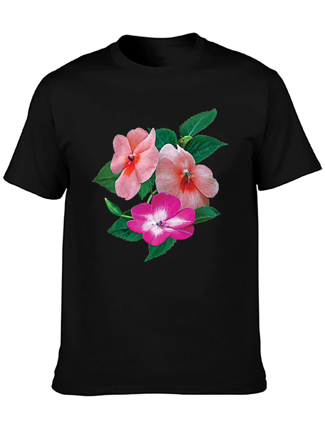 Floral Impatiens Graphic Tee - Black Cotton Blend