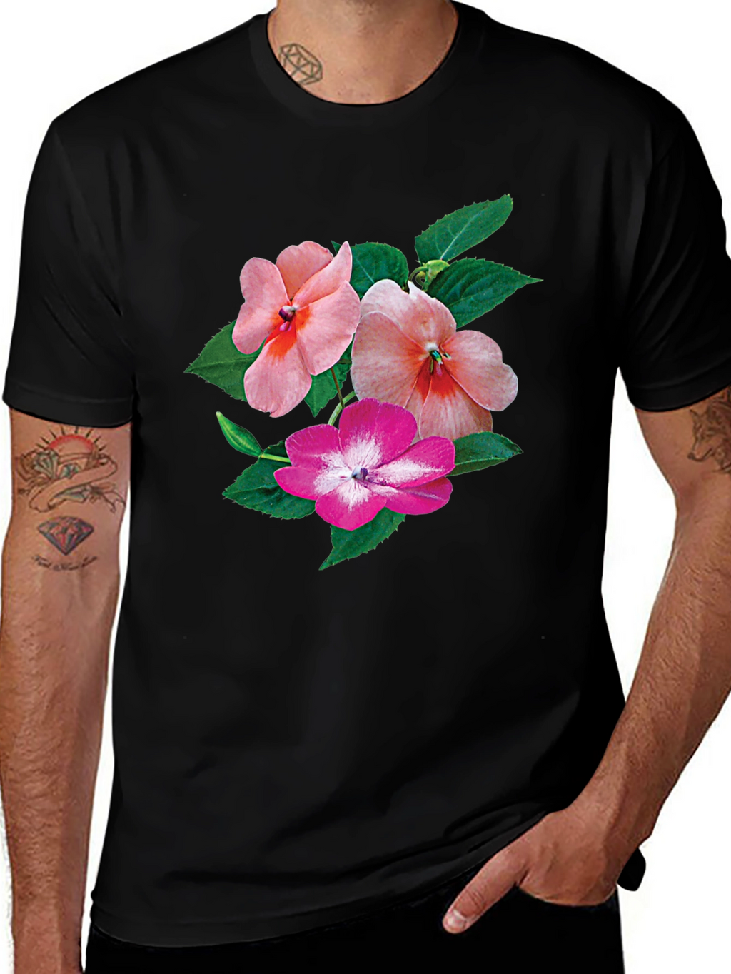 Floral Impatiens Graphic Tee - Black Cotton Blend