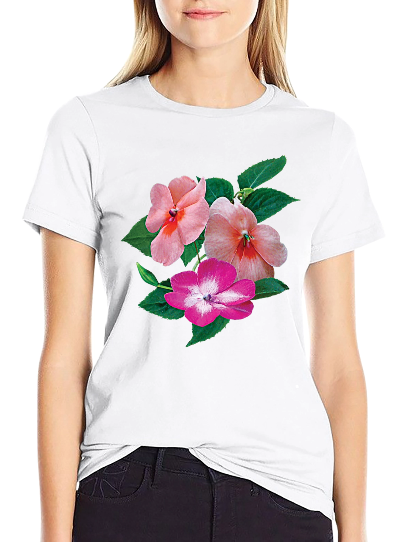Floral Impatiens Graphic Tee - Black Cotton Blend
