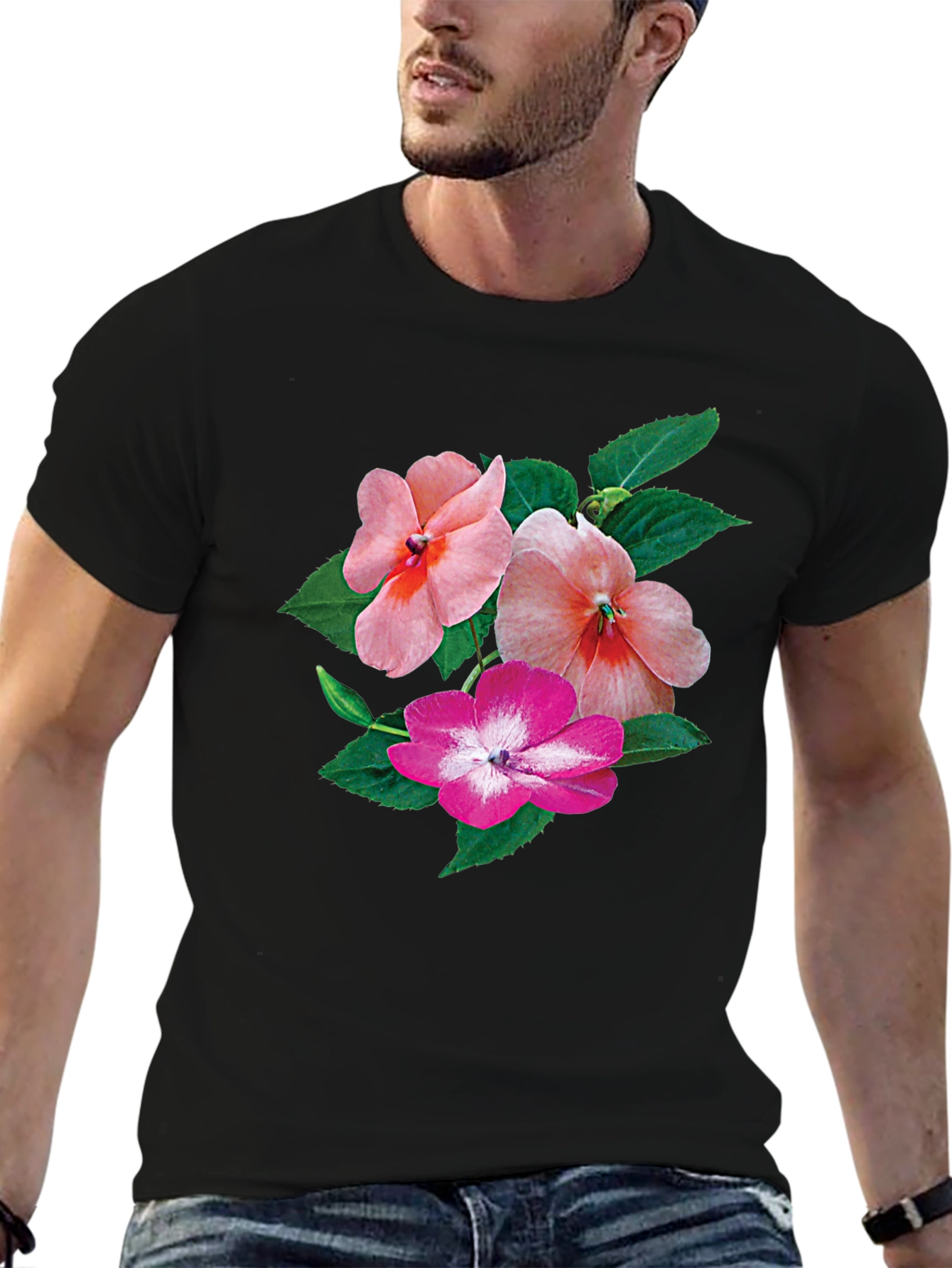 Floral Impatiens Graphic Tee - Black Cotton Blend