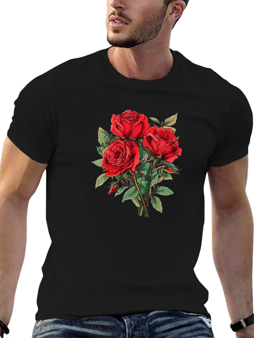 Red Roses Graphic Black T-Shirt