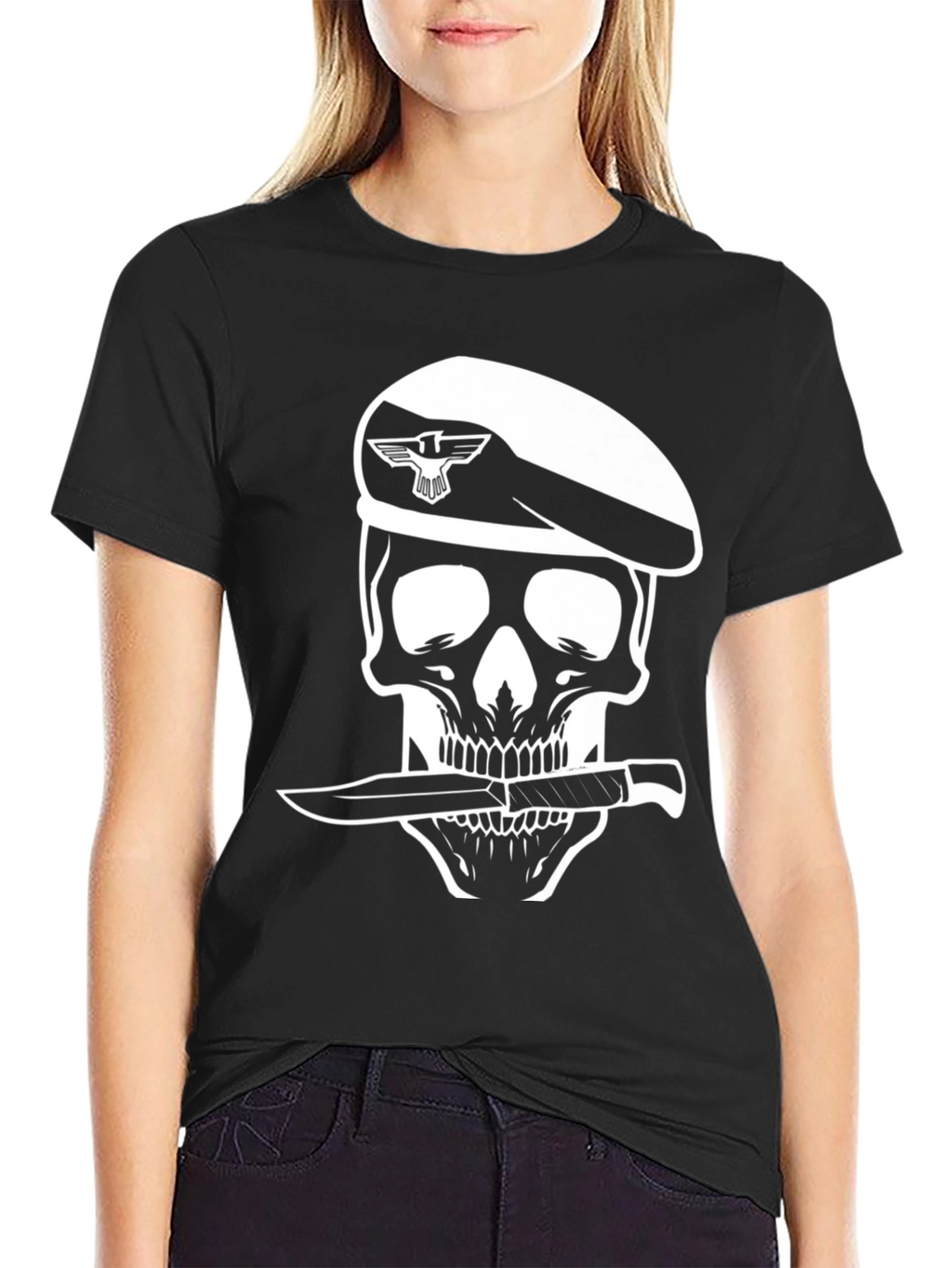 Skull Beret Knife T-Shirt - Edgy Graphic Tee