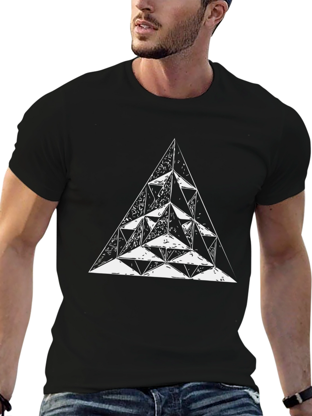 Geometric Triangle Graphic Tee - Black Cotton T-Shirt